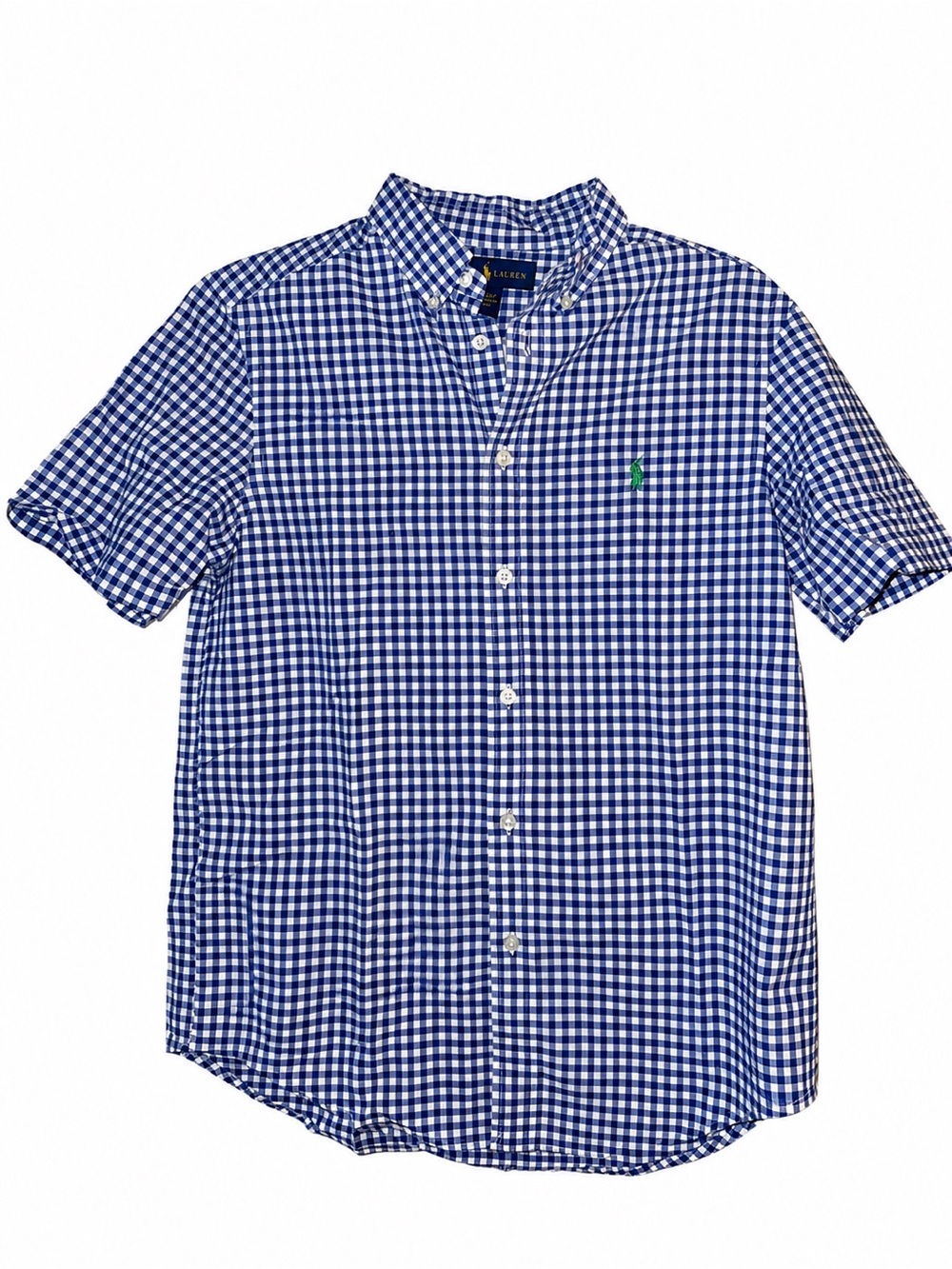 Ralph Lauren Boys L 14-16 Blue Gingham Button Down Short Sleeve Shirt - Picture 1 of 4
